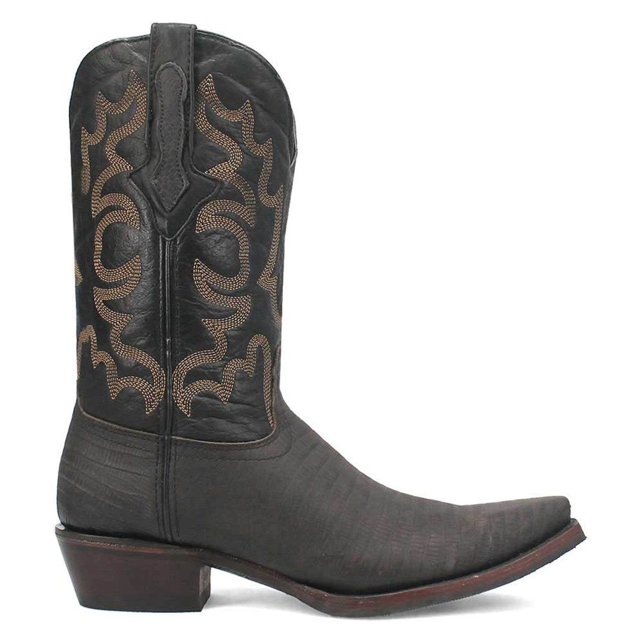 Dingo Duke Black Snip Western Boots: Black leather, pointed toe, slight heel. Decorative swirling stitch pattern on the shaft. Classic Western style.
