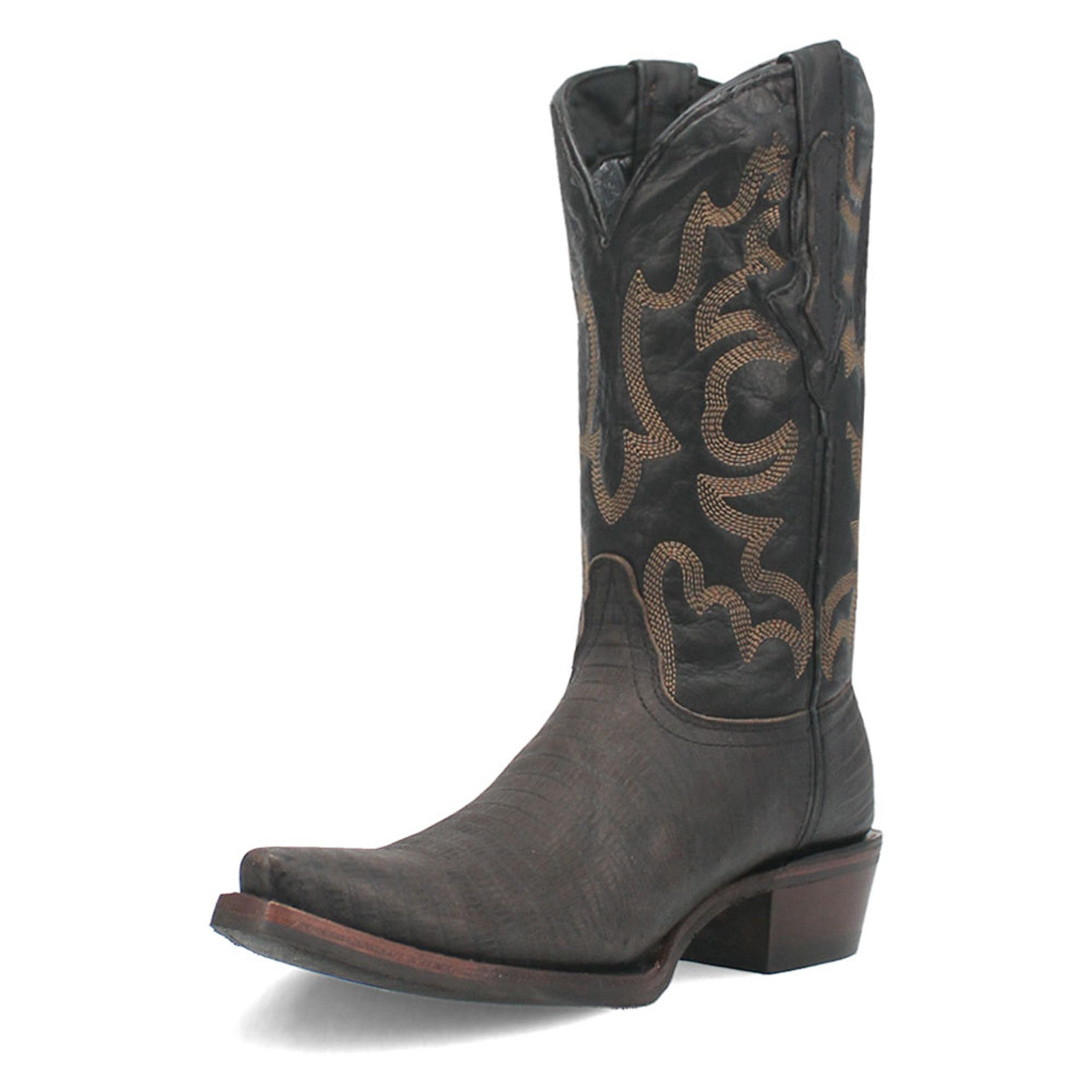 Dingo Duke Black Snip Western Boots: Tall black leather boots with contrasting decorative stitching. Features a pointed shaft, block heel, and slightly tapered toe for a classic western look.
