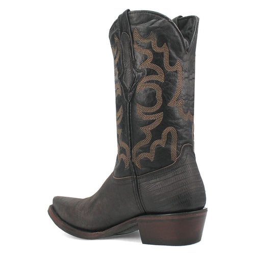 Dingo Duke Black Snip Western Boots: Tall black leather boots with textured finish. Features curved shaft, decorative stitching, pointed toe, and stacked heel with a flat outsole.
