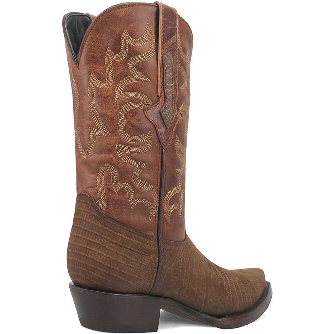 Dingo Duke Brown Snip Western Boots: Tall brown leather upper with textured finish and curved top. Intricate light stitching on the shaft. Pointed toe, wider base, and stacked heel.
