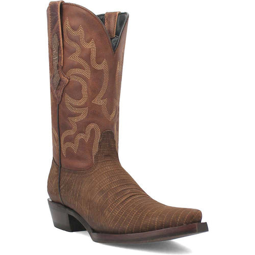 Dingo Duke Brown Snip Western Boots. Brown leather with a subtle texture and wave-pattern stitching. Pointed toe, tall shaft, stacked heel, and classic western cut.
