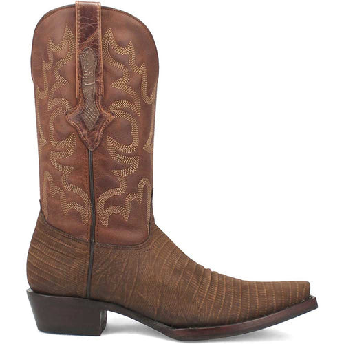 Dingo Duke Brown Snip Western Boots: Tall, curved shaft with decorative stitching. Brown, textured leather. Pointed toe, low stacked heel. Ribbed foot section for a classic western look.
