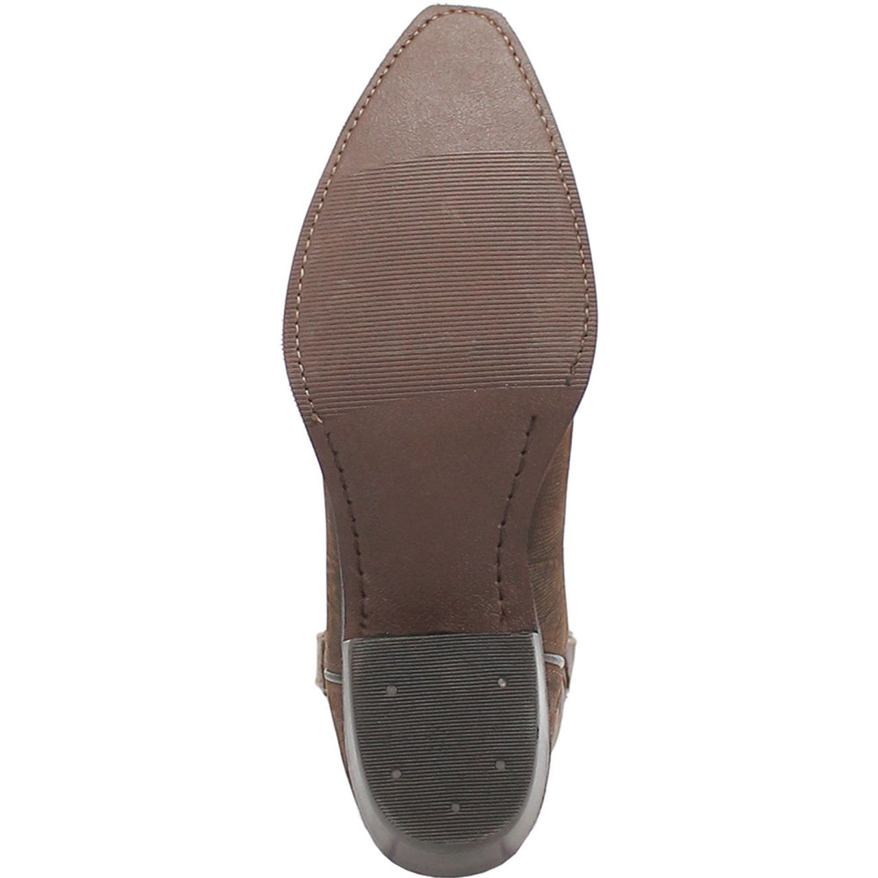 Dingo Duke Brown Snip Western Boots. Brown leather exterior, pointed toe, structured design. Flat sole with ribbed traction, slight heel. Clean and streamlined profile.
