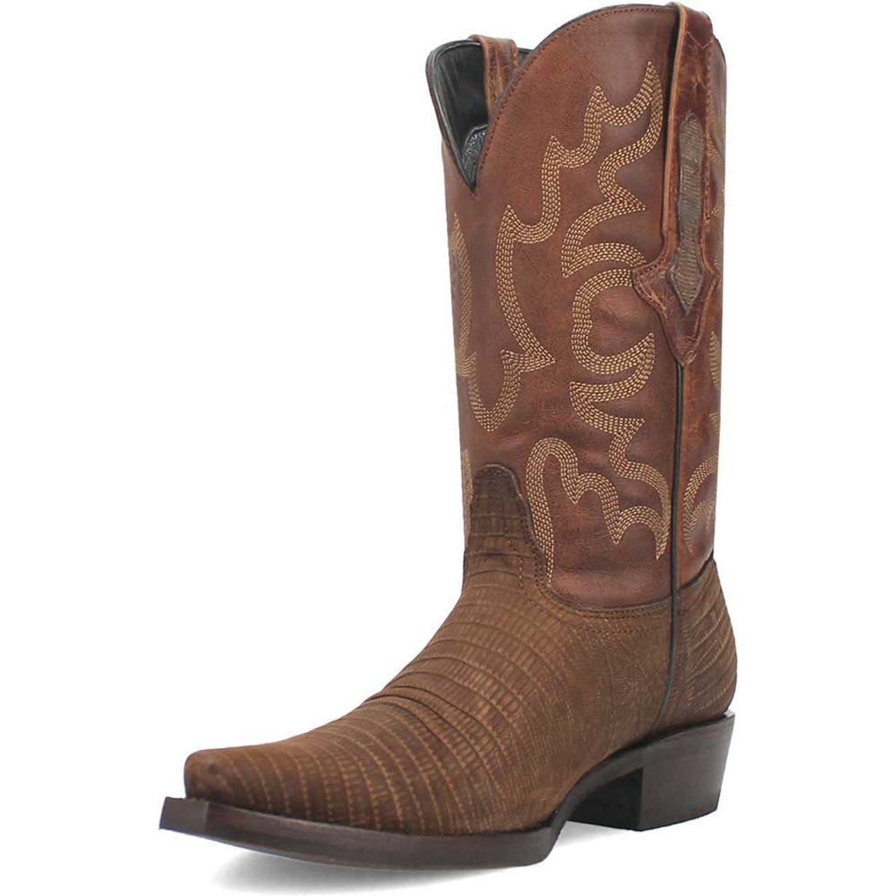 Dingo Duke brown leather western boots. Tall, pointed toe and fitted silhouette. Distressed brown leather with textured finish and beige stitching. Subtle ribbed design and stacked heel for a classic western look.
