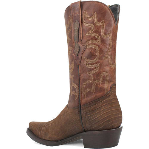 Dingo Duke brown leather western boots. Tall shaft, slightly pointed toe, stacked heel. Brown upper with textured finish, decorative stitching. Smooth leather appearance with ankle grain texture. Pull tab for easy wear.
