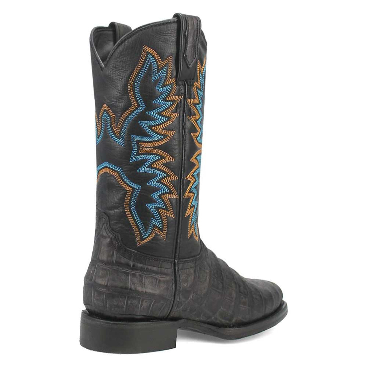 Black leather boots with round toe and textured finish. Decorative blue & orange stitching. Moderate heel, rounded shaft.
