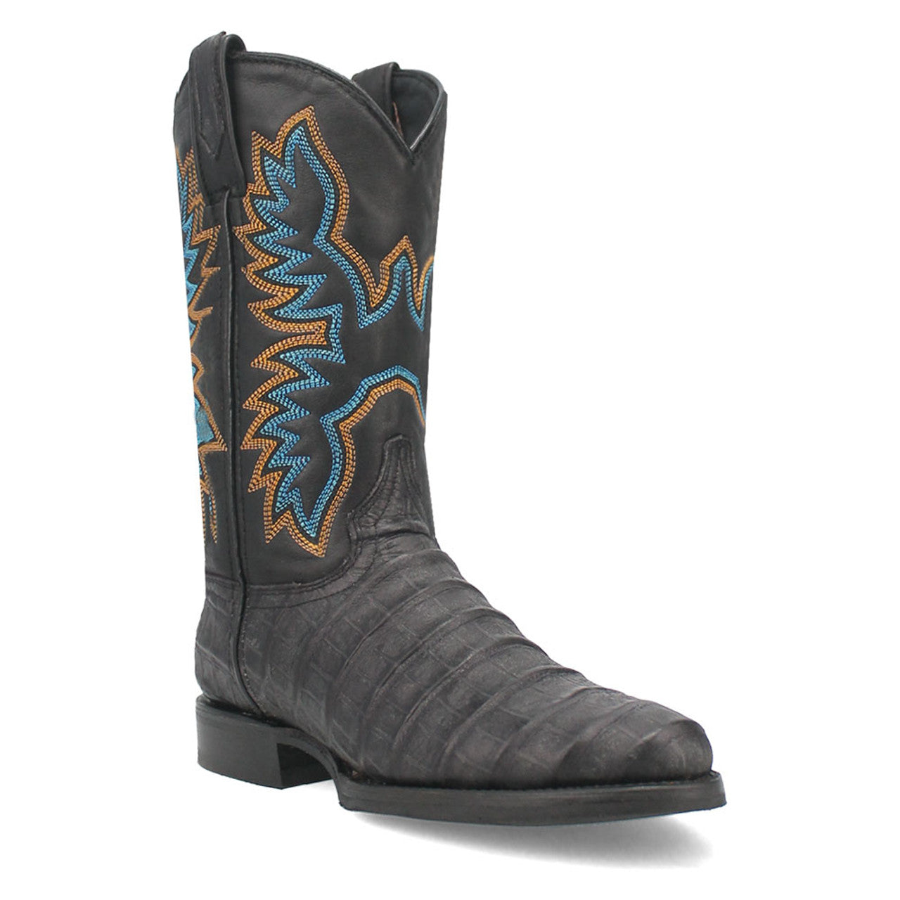Black leather round-toe boots with textured stitching and a blue/orange embroidered shaft. Flat, sturdy sole.
