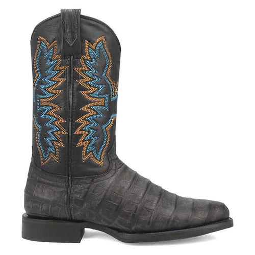Black leather round-toe boots with alligator-skin texture. They have blue and orange embroidered accents on the shaft and a stacked heel.
