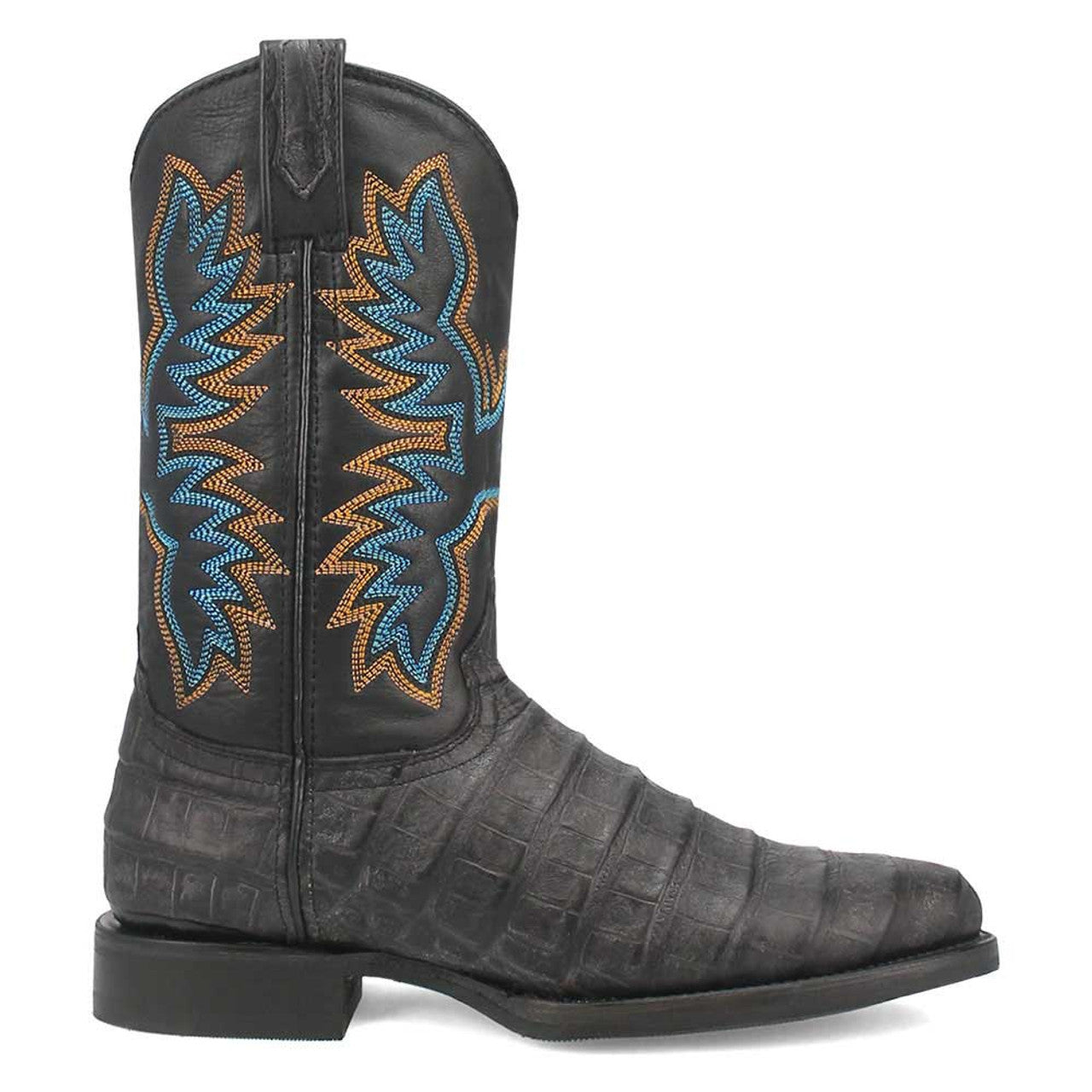 Black leather round-toe boots with alligator-skin texture. They have blue and orange embroidered accents on the shaft and a stacked heel.
