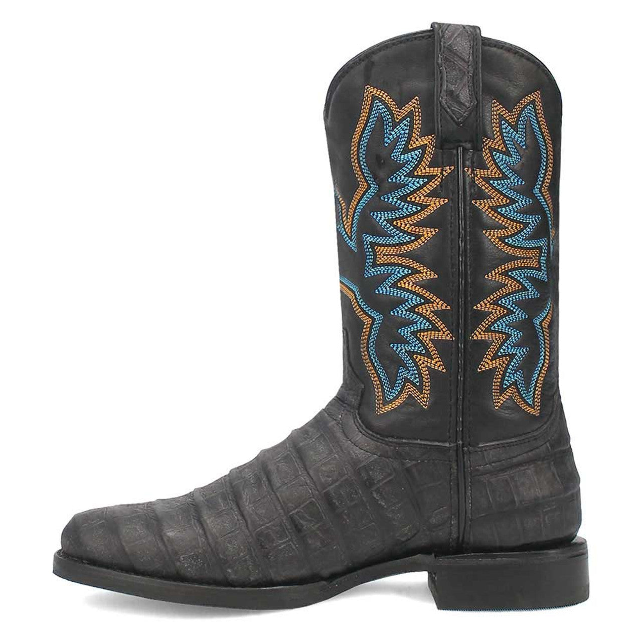 Black leather round-toe boots with crocodile-textured surface. Blue/orange embroidered shaft design. Stacked black heel.

