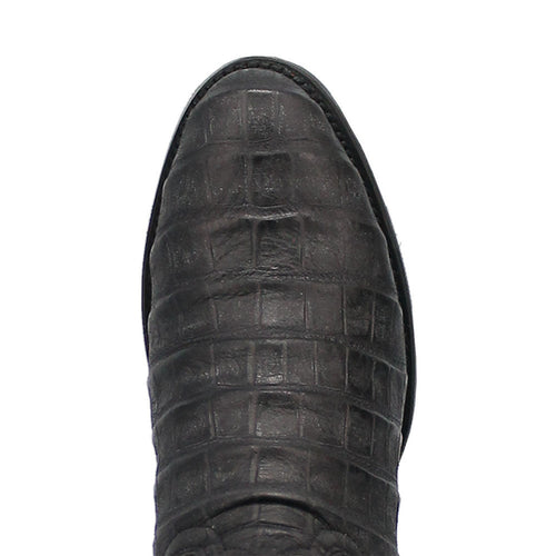 Dingo black leather boots with round toes and crocodile-textured uppers. Smooth finish, structured shape, tapering design.
