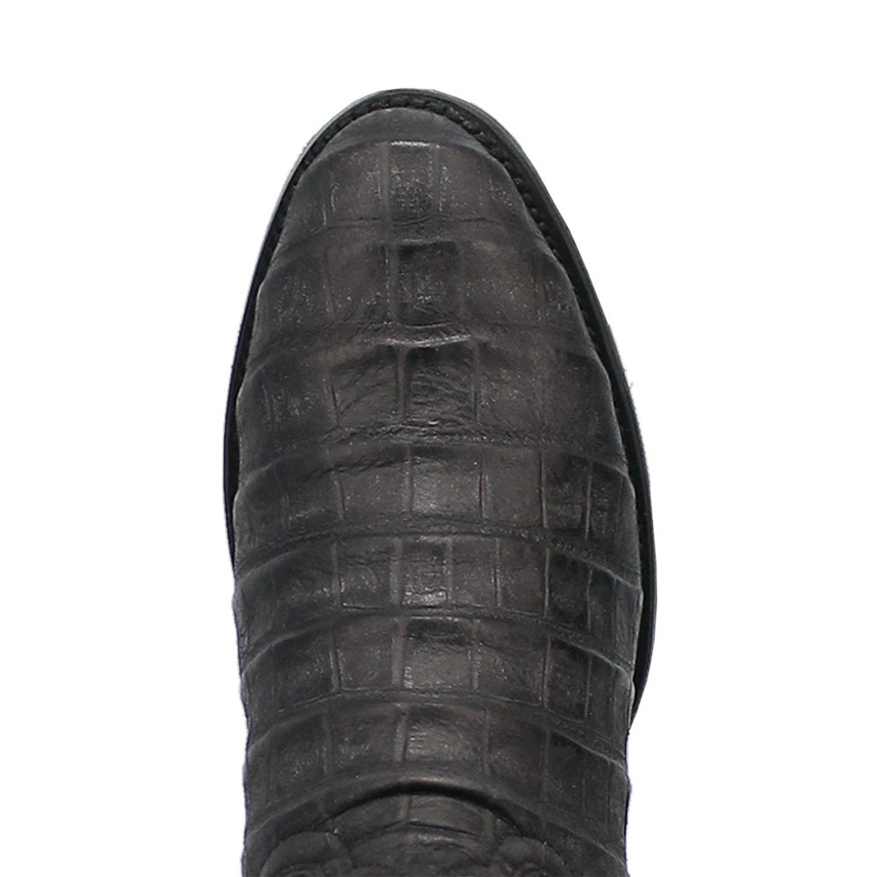 Dingo black leather boots with round toes and crocodile-textured uppers. Smooth finish, structured shape, tapering design.

