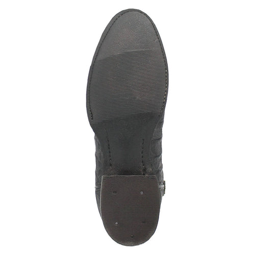 Black Dingo boot sole. Round toe, smooth, slightly textured leather. Flat heel with horizontal ridges for grip.
