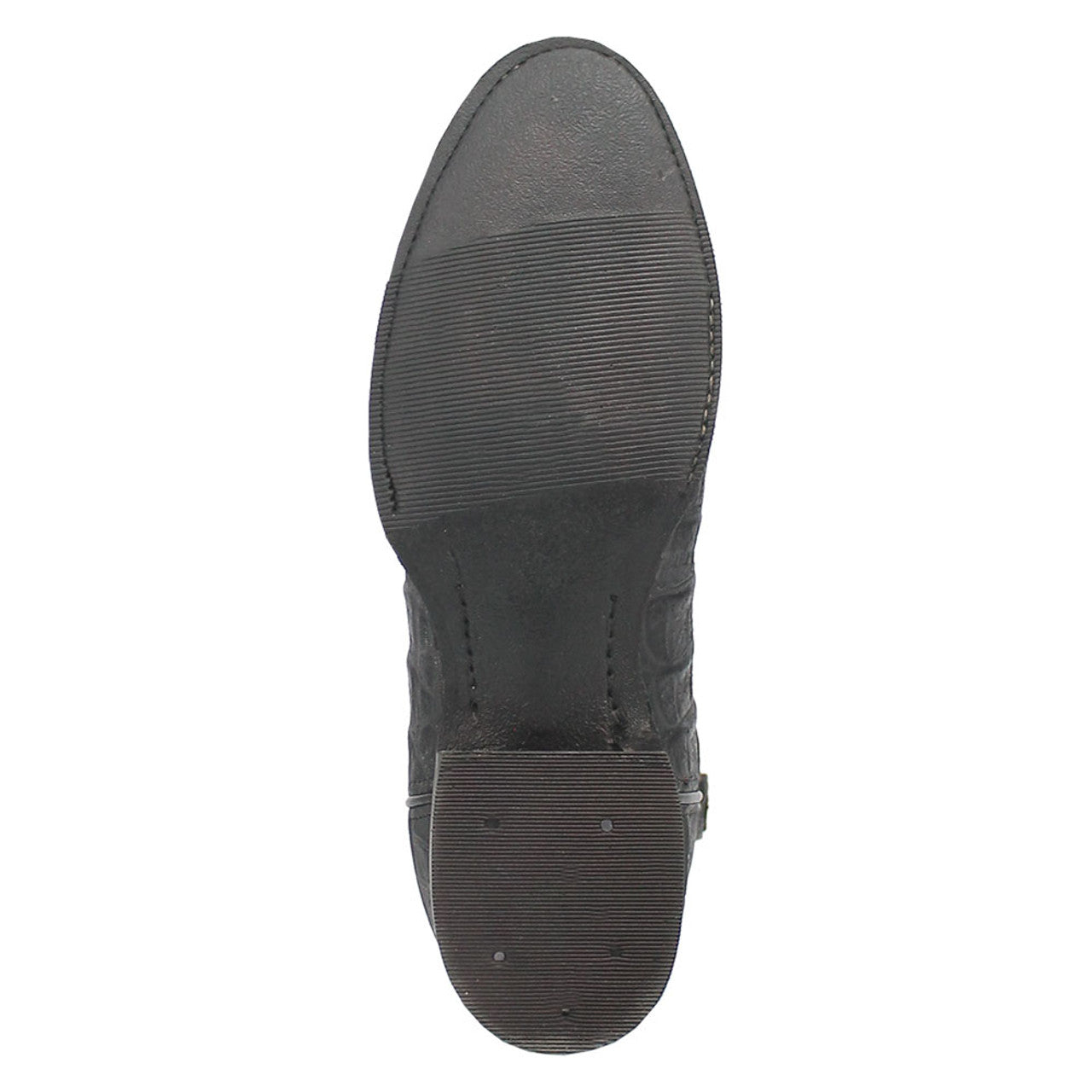 Black Dingo boot sole. Round toe, smooth, slightly textured leather. Flat heel with horizontal ridges for grip.
