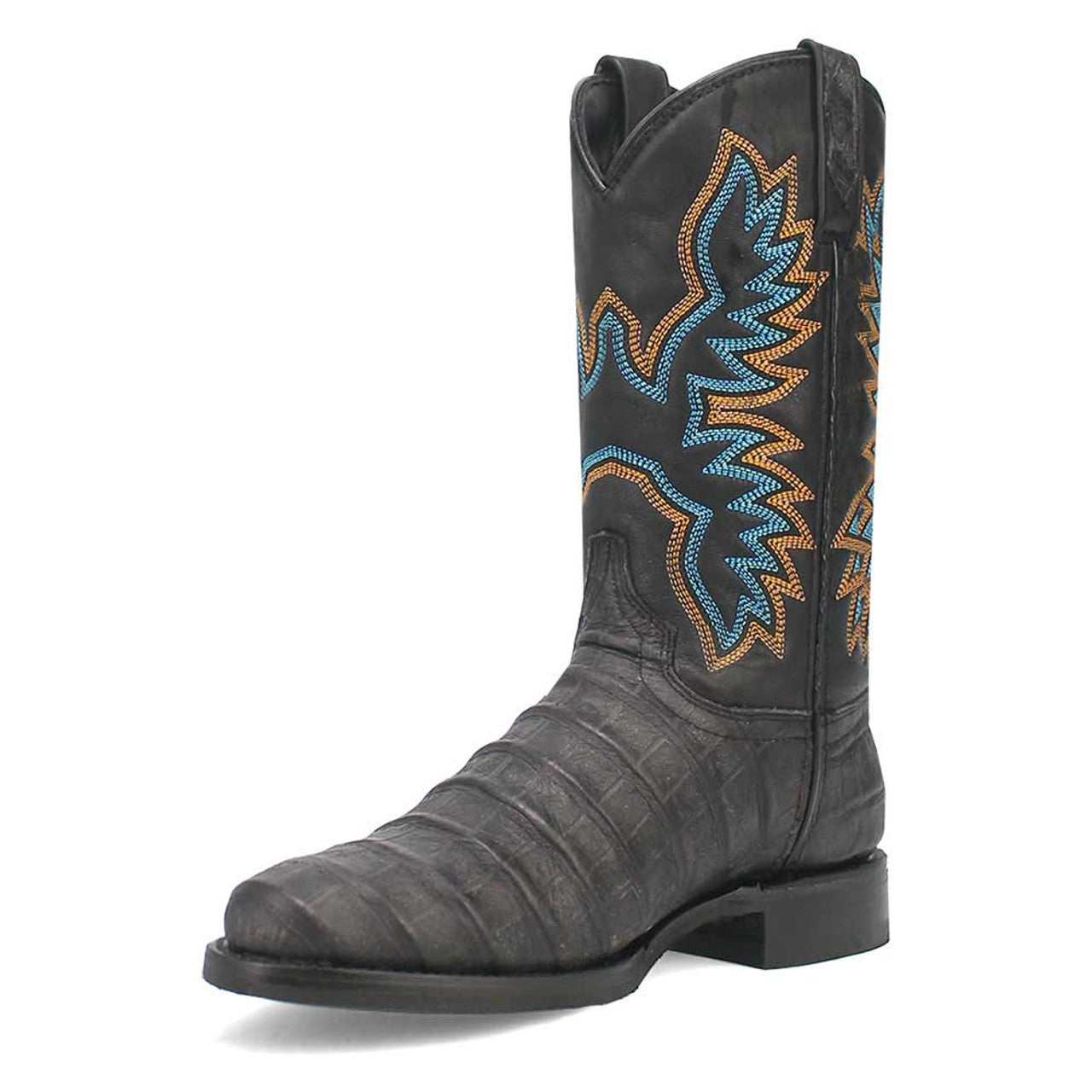 Dingo black leather boots with round toe, tall shaft, and blue/orange embroidery. Textured, slightly worn leather. Stacked heel. Streamlined silhouette.
