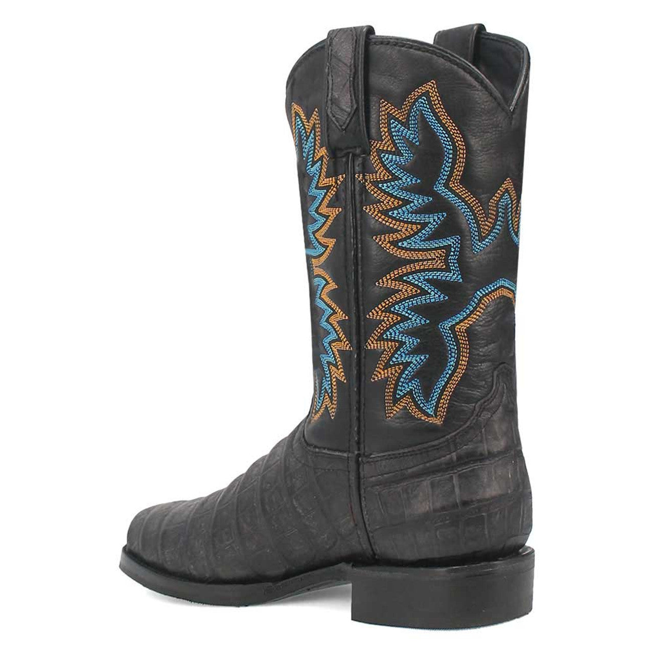 Dingo black leather boots with round toe, slightly raised heel, and textured finish. Side features blue and orange embroidery. Reinforced stitching.
