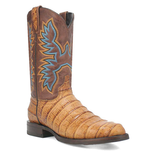 Dingo tan leather boots with textured brown upper, blue/orange embroidery, and tan foot. Round toe, low stacked heel.
