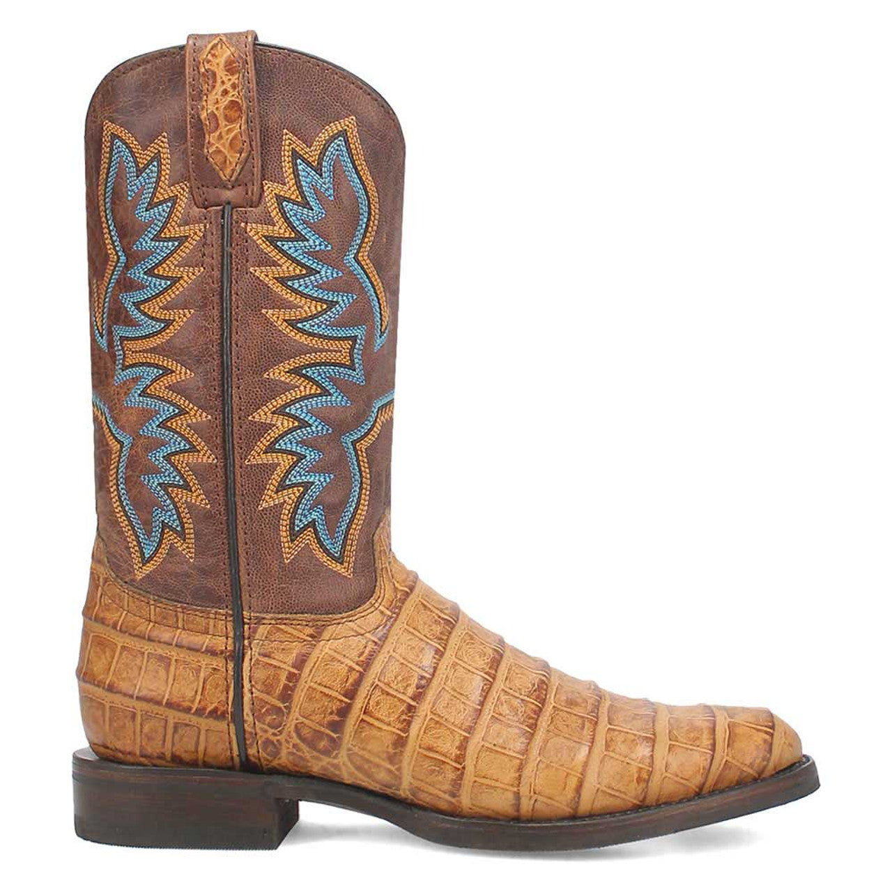 Dingo tan leather boots with round toe, mid-calf height, and a crocodile-like texture. Brown leather accents, embroidered shaft details (blue/orange), and a stacked heel with a flat base.
