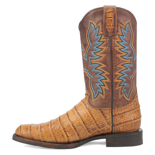 Dingo tan leather boots with crocodile texture on toe/sides and smooth shaft. Blue/gold stitched shaft. Low, stacked heel. Slightly pointed toe.
