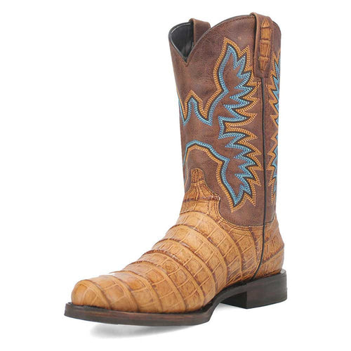 Tan leather boots with a round toe. Textured design with smooth upper and ridged foot detailing. Blue and brown stitching adorns the shaft.
