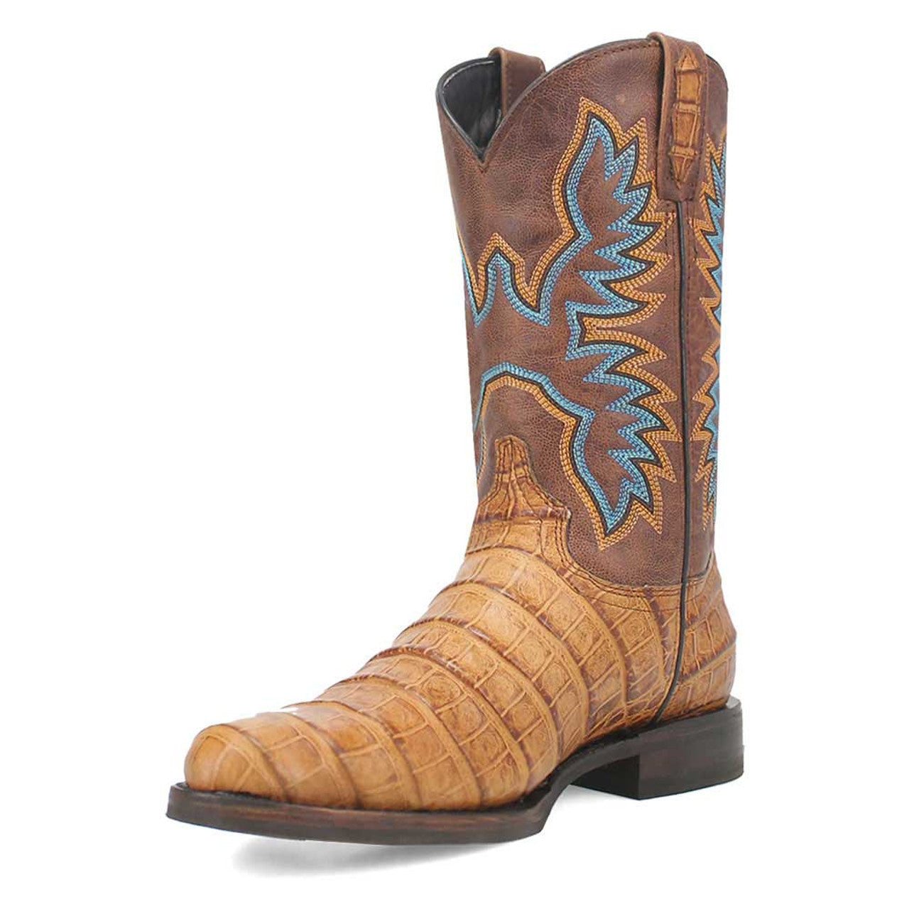 Tan leather boots with a round toe. Textured design with smooth upper and ridged foot detailing. Blue and brown stitching adorns the shaft.
