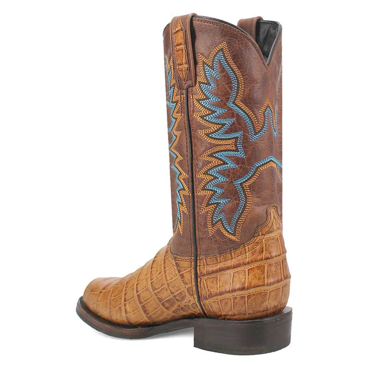 Dingo tan leather boots with a croc-textured foot and embroidered shaft. They have a slight heel, pull tabs, and a round toe.
