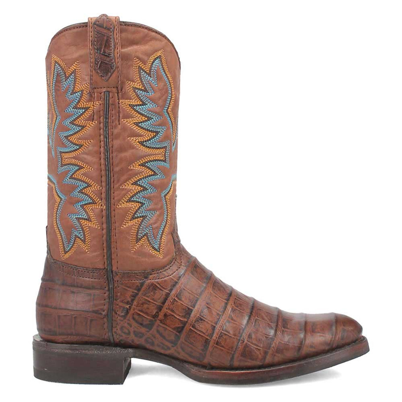 Dingo brown leather boots with a textured upper and croc-like toe. Features embroidered design, curved shaft with detailed stitching, low square heel, and pull tab.
