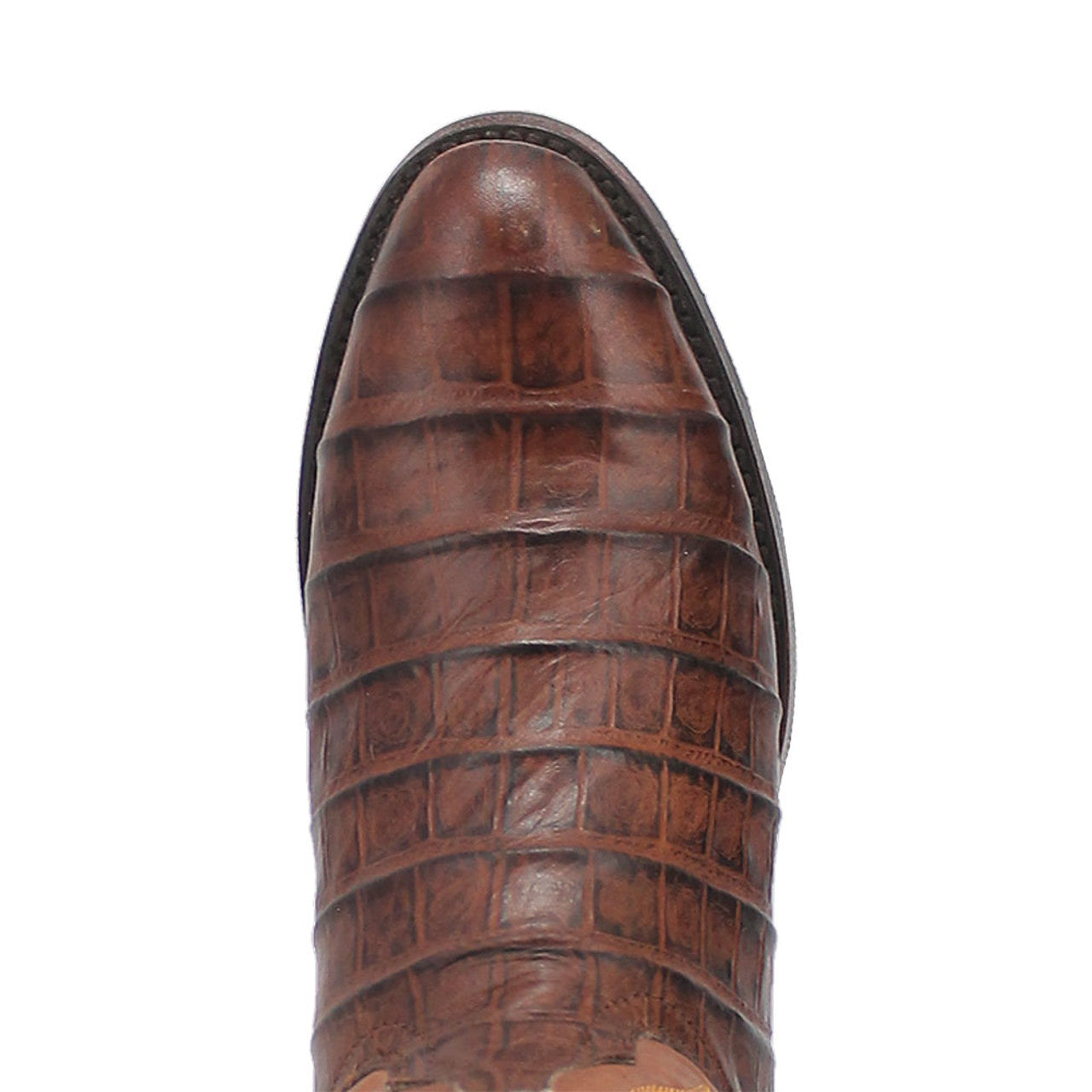Dingo brown leather boots with round toe, crocodile-textured surface, and smooth finish. Slightly raised heel, no embellishments.
