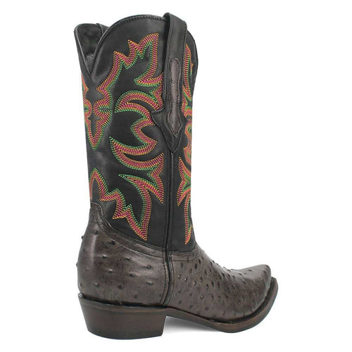 Dingo black snip toe cowboy boots with colorful embroidered shafts & textured lower leather, mimicking ostrich skin. Features stacked heel & pointed toe.

