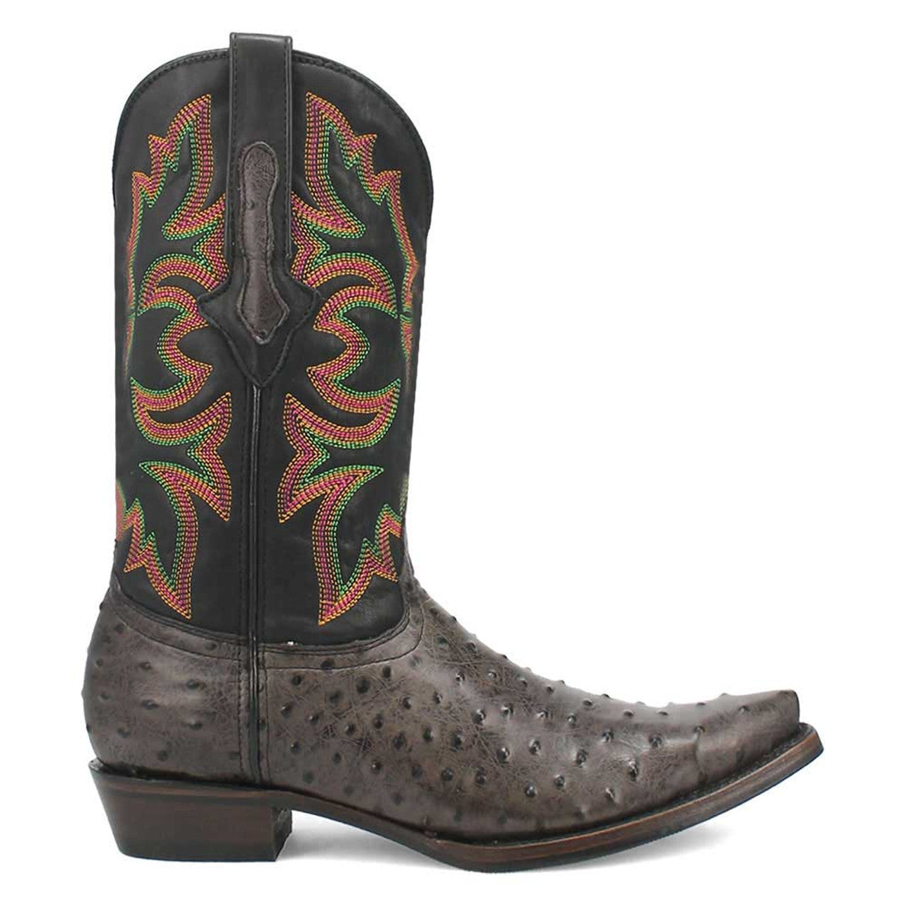 Dingo's black snip toe cowboy boot: textured material, dark brown base, colorful embroidered shaft. Pointed toe, moderate heel, distinct stitching. Red/green design contrasts black leather upper.
