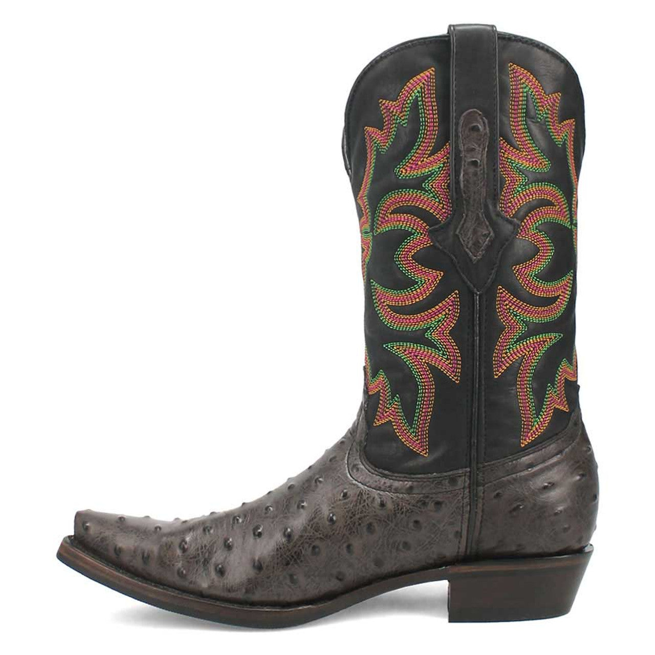 Dingo's black snip toe cowboy boot: pointed toe, textured leather, and colorful green/red stitched upper. Features smooth & raised leather, and a slightly elevated stacked heel.
