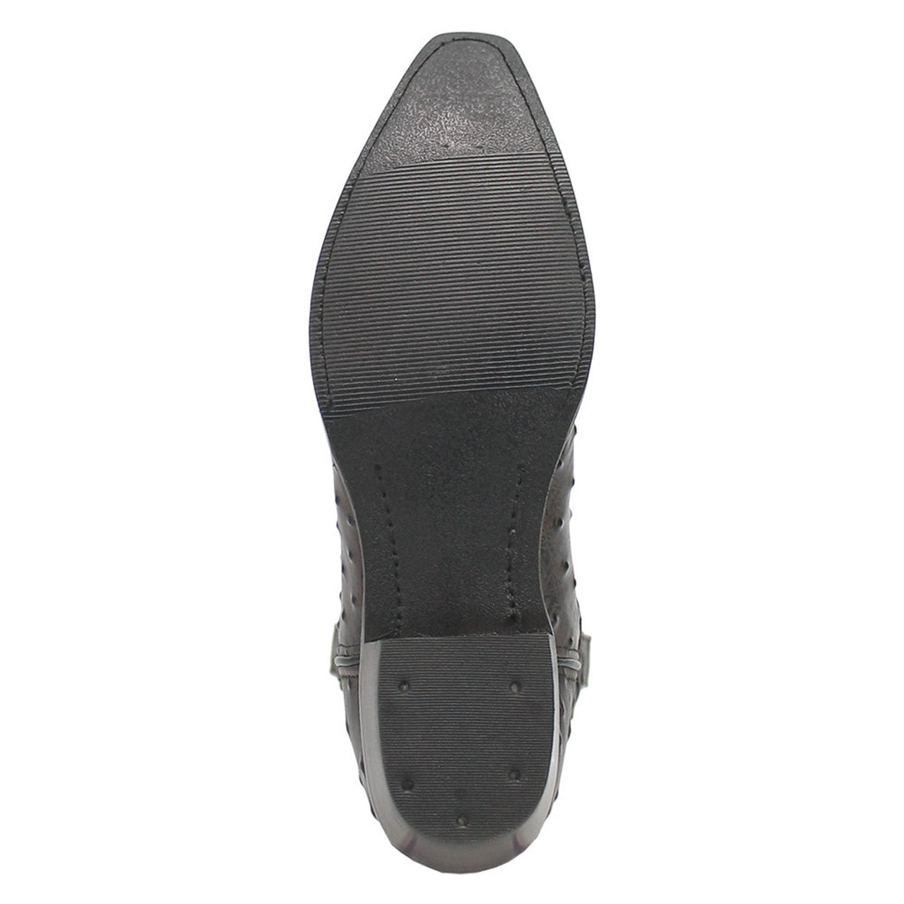 Black snip-toe cowboy boots. Pointed toe, smooth black leather exterior. Flat sole with ribbed traction. Subtle heel for added style and grip.
