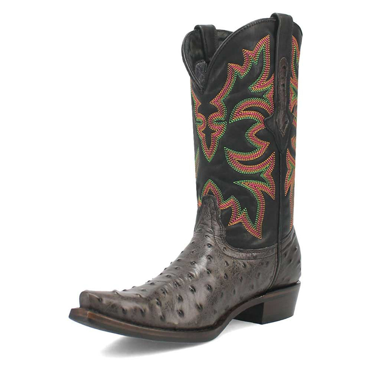 Black snip-toe cowboy boots. Textured brown leather lower with raised dots. Multicolored embroidered upper shaft. Slightly pointed toe, low heel for structure.
