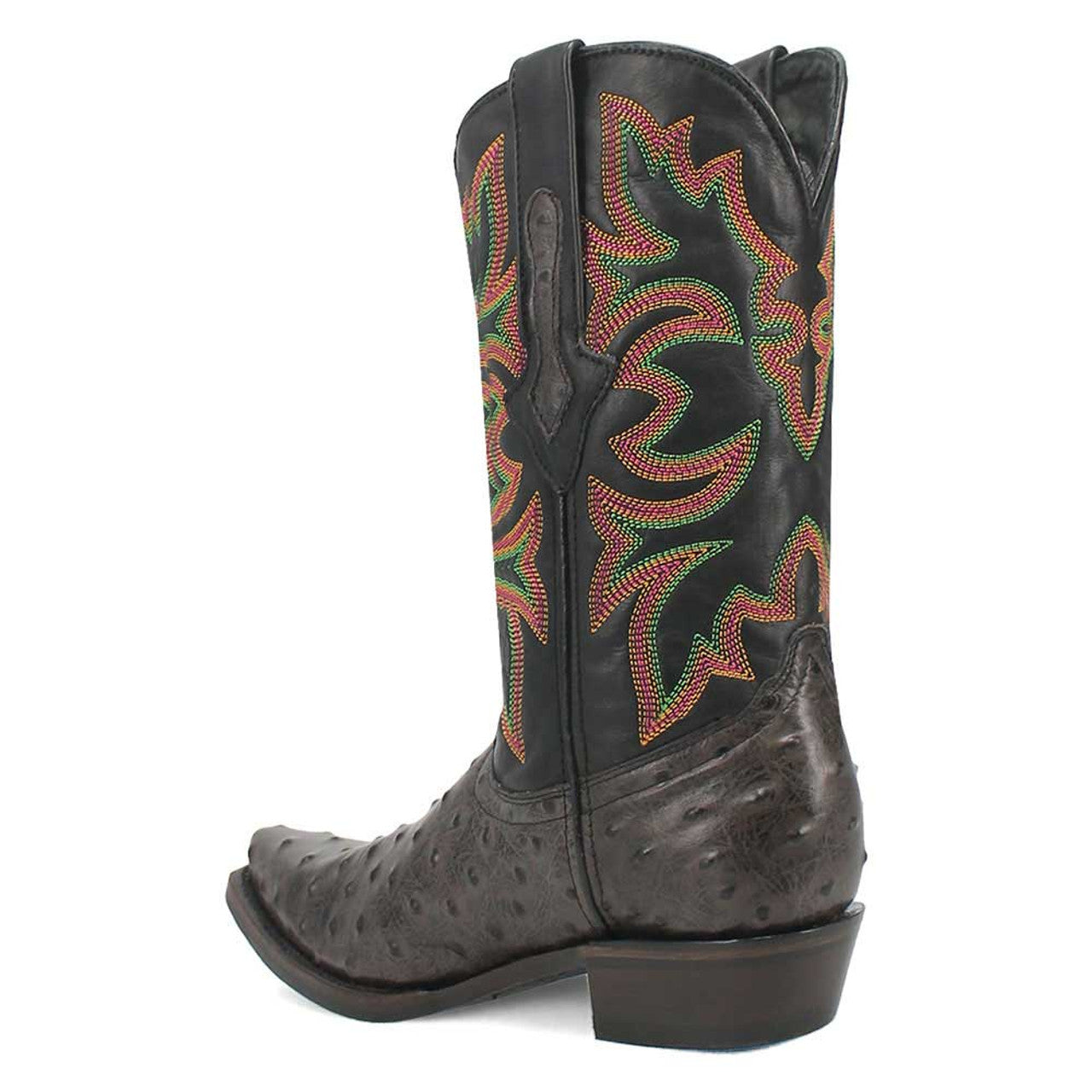Black snip-toe cowboy boot with floral stitched black leather upper. Features stacked heel, embossed ostrich leather-like texture, and vibrant multi-colored stitching.
