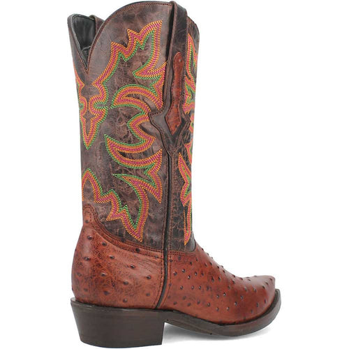Dingo cognac snip toe cowboy boots: tall shaft, textured brown leather, colorful floral embroidery. Stacked heel, visible stitching, and a slightly pointed toe.

