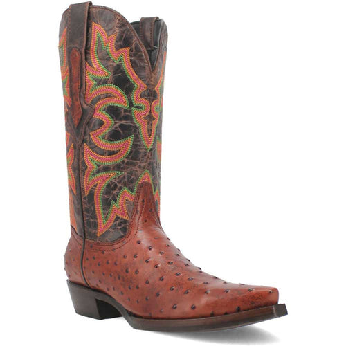 Dingo's cognac snip toe cowboy boot. Brown leather, mid-calf height, pointed toe. Floral embroidery (green/red). Textured toe box. Block heel.
