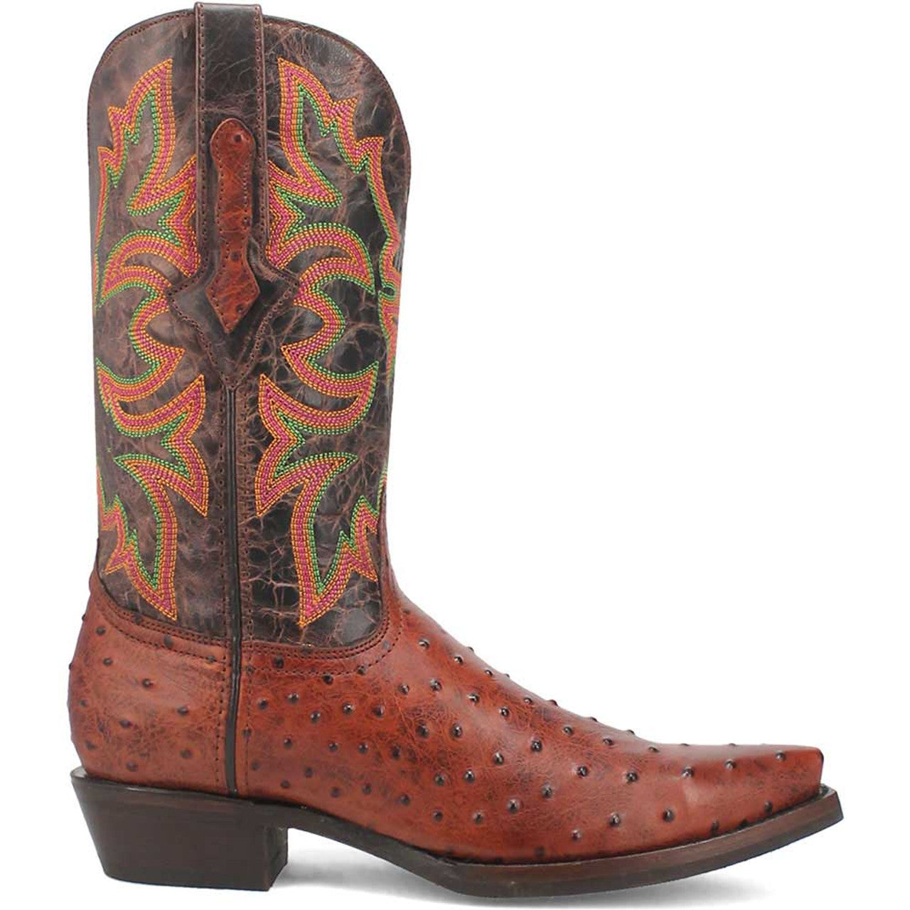 Dingo cognac snip toe cowboy boots. Brown leather with green & orange embroidery. Alligator skin texture with studs. Pointed toe, elevated heel, and pull tab.
