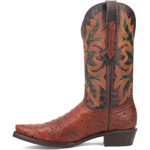 Dingo cognac cowboy boots. Snip toe, tall shaft with colorful stitching. Brown textured leather, green/red floral accents. Short, squared heel; raised sole.
