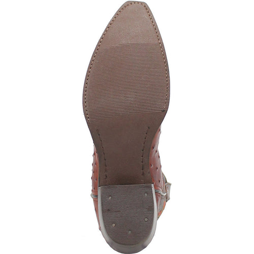 Dingo cognac cowboy boot. Snip toe, stacked heel. Textured cognac leather. Ribbed sole for traction, smooth finish, rounded heel edge.
