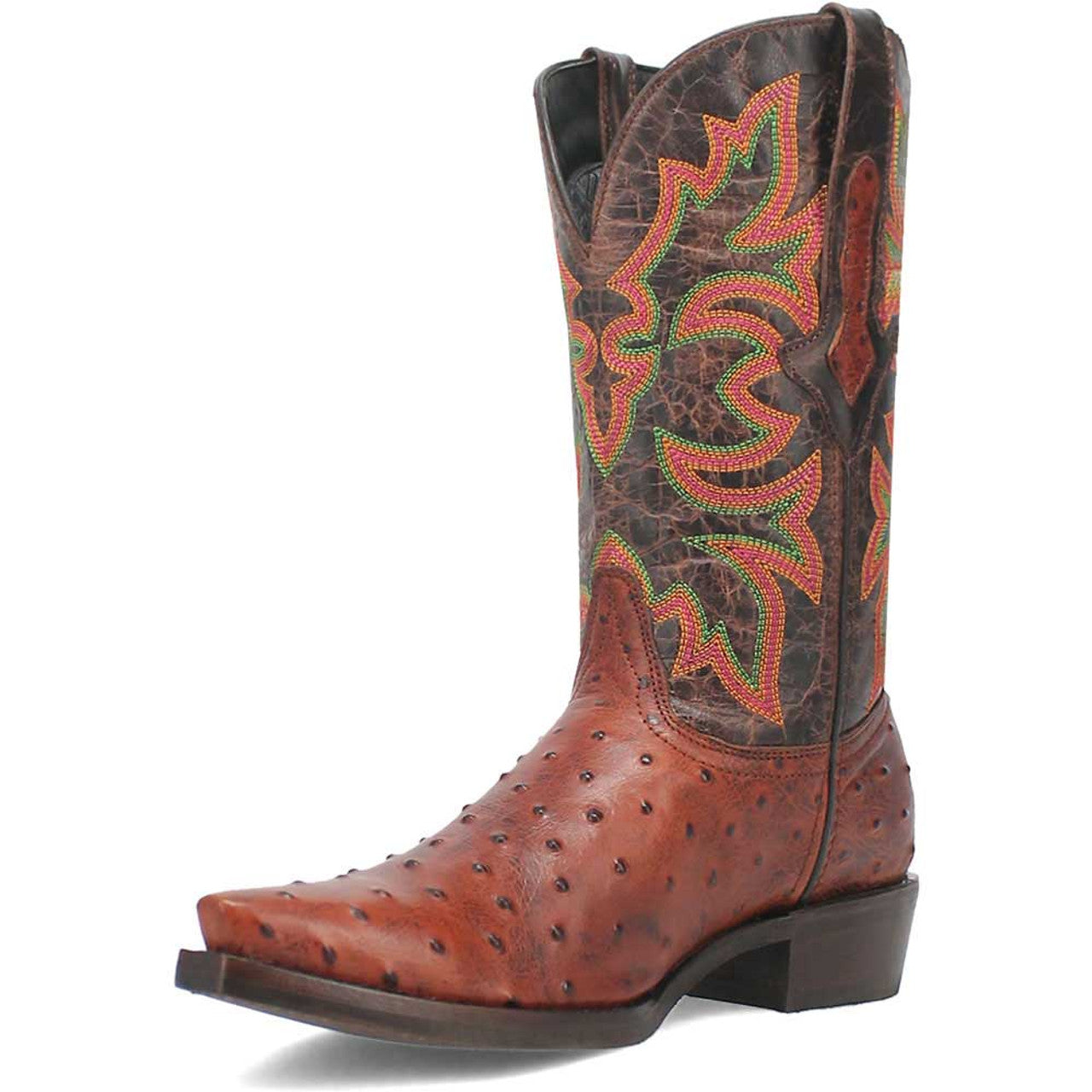 Cognac Dingo cowboy boots with a snip toe, textured finish, and brown shaft. The shaft boasts green and red floral embroidery, a flat heel, and a smooth leather sole.
