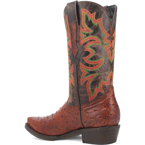 Cognac snip-toe cowboy boot. Dark brown shaft with bright embroidery. Rich brown, ostrich-like lower section. Low square heel. Tapered shape.

