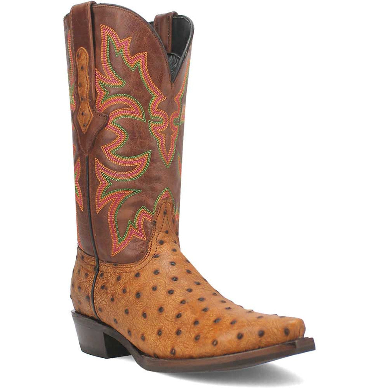 Dingo's tan snip toe cowboy boot: elongated, pointed toe, textured material. Intricate green/red embroidery on brown upper. Short stacked heel, slip-on design.
