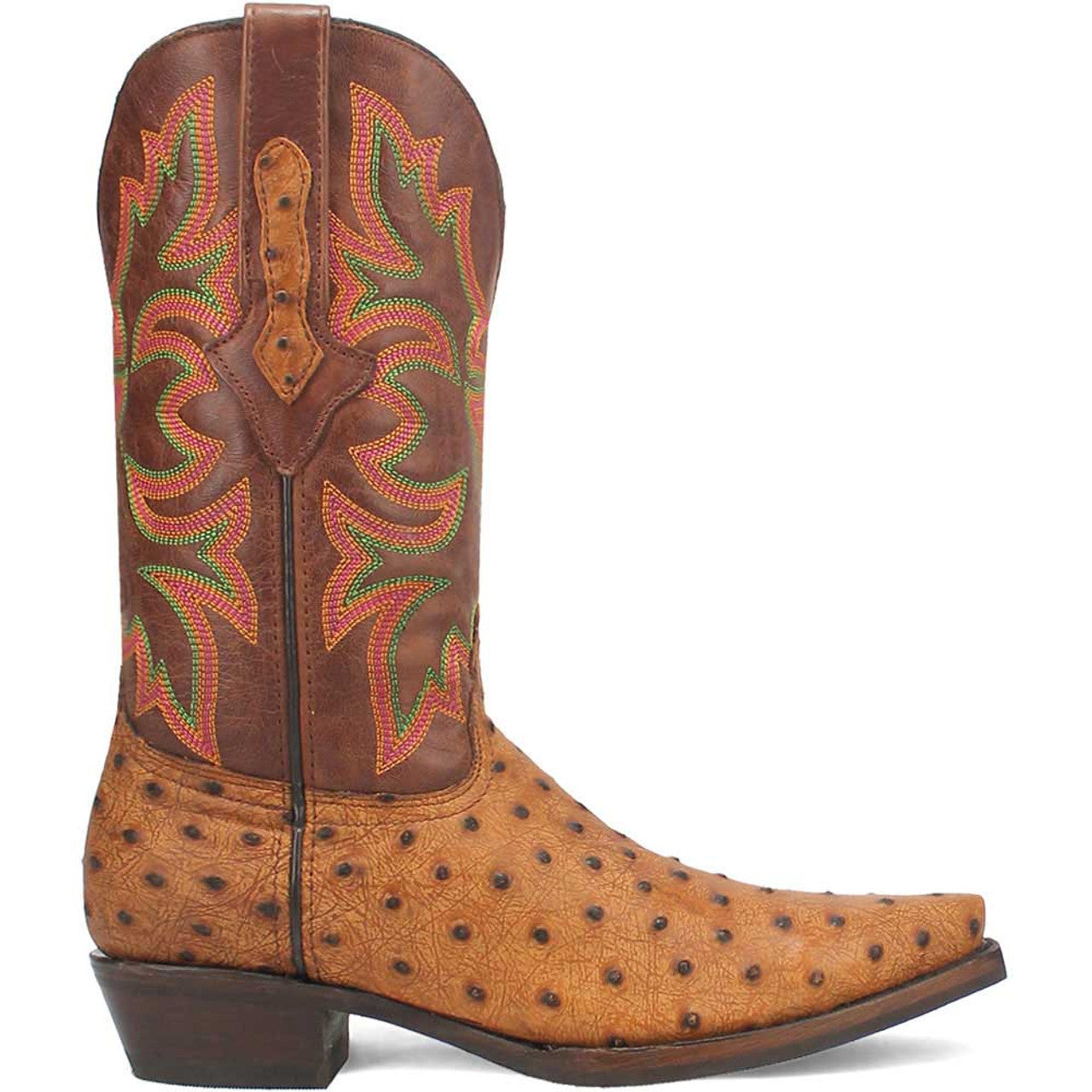 Tan snip toe cowboy boot with floral stitched upper on brown leather. Block heel, contrasting top, and textured dots.
