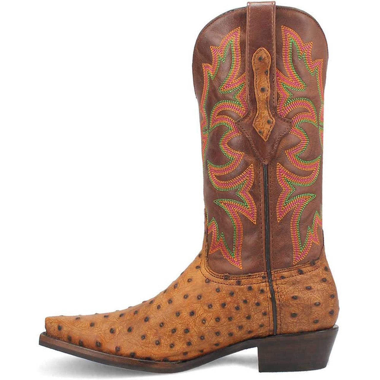 Dingo's tan snip toe cowboy boot: pointed toe, elevated heel, textured tan leather. Green/red embroidered upper with a leaf design, smooth brown top section. Tall, fitted calf silhouette.
