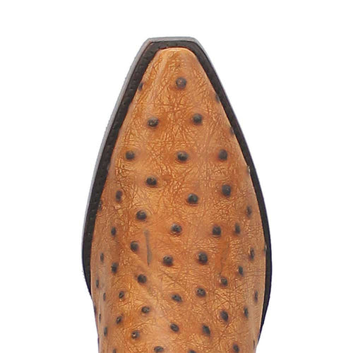 Dingo snip toe cowboy boot in light tan leather. Features a textured surface with raised black dots. Dark, contrasting sole. Pointed toe design.
