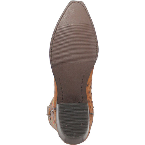 Dingo's tan snip toe cowboy boot: tan leather, tapered toe. Flat, textured sole with grooves for traction. Traditional cowboy heel, integrated design.
