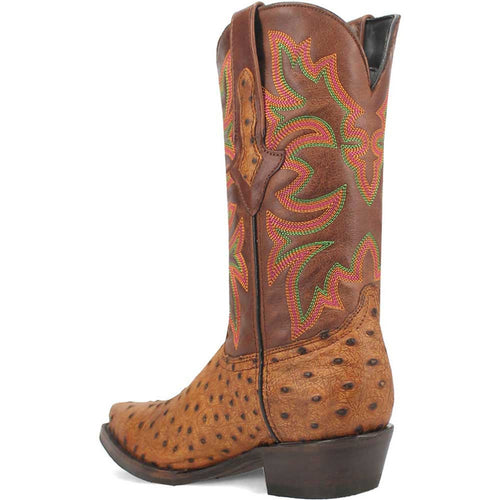Tan snip toe cowboy boot with pointed toe & decorative shaft. Smooth & textured brown leather, raised dots. Green/red floral embroidery on shaft. Slightly elevated square heel.
