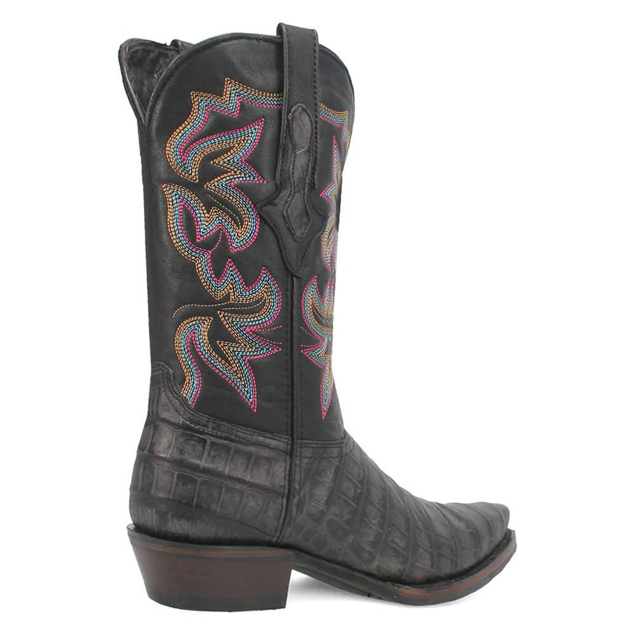 Black gator print cowboy boot with snip toe. Textured lower half, smooth leather shaft. Embroidered pink, orange, blue design. Stacked heel, pull tabs, and vertical stitching.
