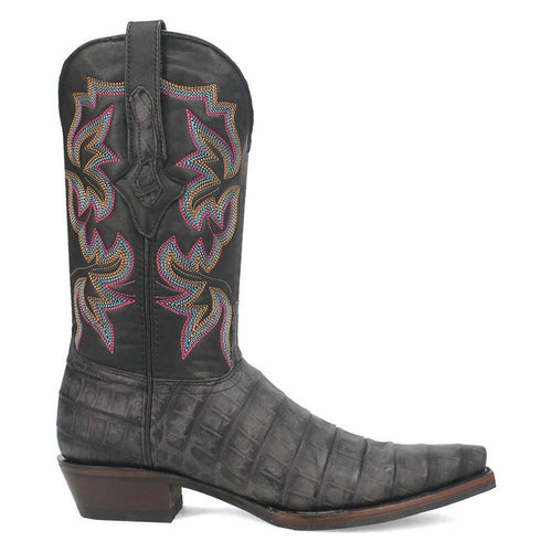Dingo black gator print cowboy boots with a snip toe. Black leather with a textured gator pattern. Multi-color stitched shaft design, stacked heel, and pull tabs.
