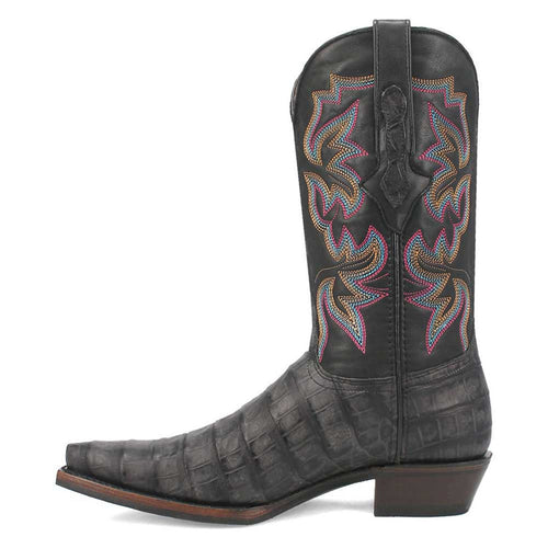 Dingo black cowboy boot with gator print, snip toe. Mid-calf, embroidered floral design. Textured, alligator-skin look upper. Flat sole.
